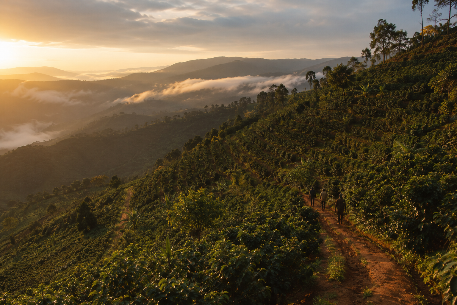 Burundi highlands at golden hour — terraced coffee farms descending into the valley, the origin of every Qahwa lot